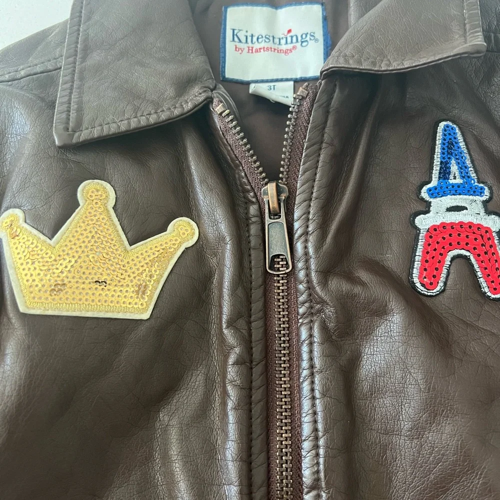 Kitestrings By Hartstrings Kids Bomber Jacket Brown Faux Leather Patches Size 3T